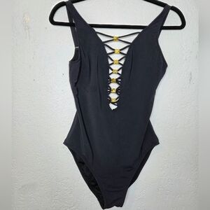 Bleu Rod Beattie Black Lace Down One-Piece Swimsuit Size 6 Gold Accents Low Back
